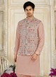 Peach Nehru Jacket Set In Cotton Silk With Fancy Motifs